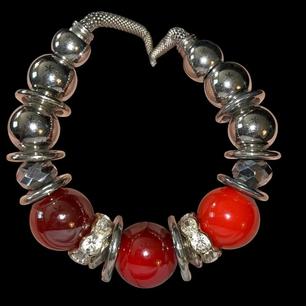 Costume Chunky Silver Tone and Red Beaded Necklace
